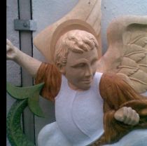 Detail of St Michael during Painting