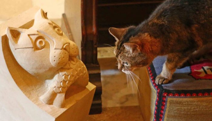 Carving student's cat corbel in Evening Standard